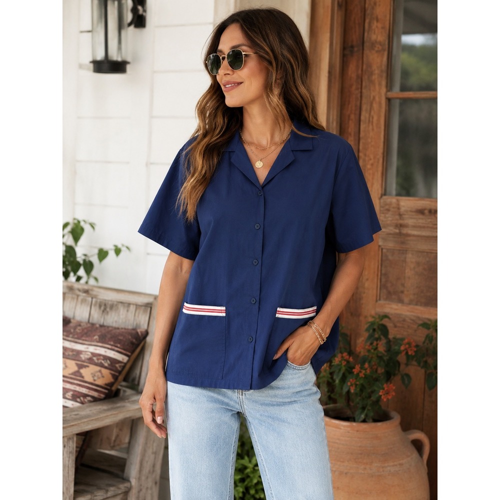 Vintage Christian Dior Blouse Blue Short Sleeve Button Up Striped Trim Large